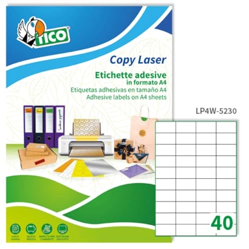 Offerta a tempo: Tico Italia LP4W-5230 Etichette adesive bianche multiuso, 100 fogli A4, rettangolari 52x30mm, 40 etichette per foglio, adesivo permanente, stampanti laser e inkjet - 13% da 29.02 € a 25.17 €