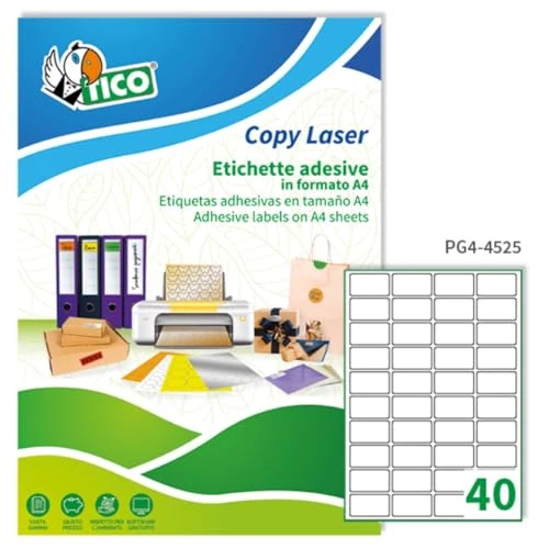 Offerta a tempo: Tico Italia PG4-4525Etichette adesive carta bianca lucida, 100 fogli A4, rettangolari 45x25mm, 40 etichette per foglio, adesivo permanente, stampanti laser - 0.00% da 39.42 € a 39.42 €