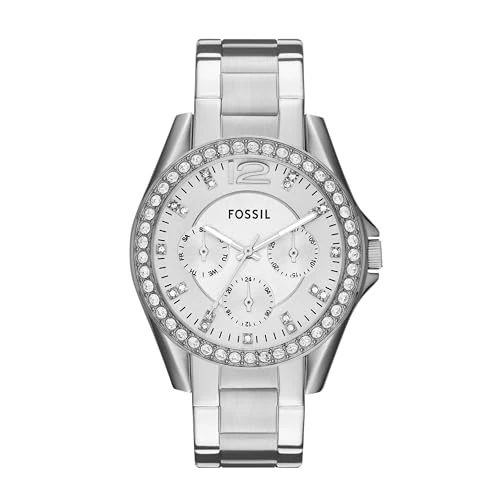 Tijdelijke aanbieding: Fossil Riley horloge voor dames, chronograaf uurwerk met roestvrij stalen of leren band, Zilverkleurig en glitter van 179.00 € naar 119.00 € (34% korting)