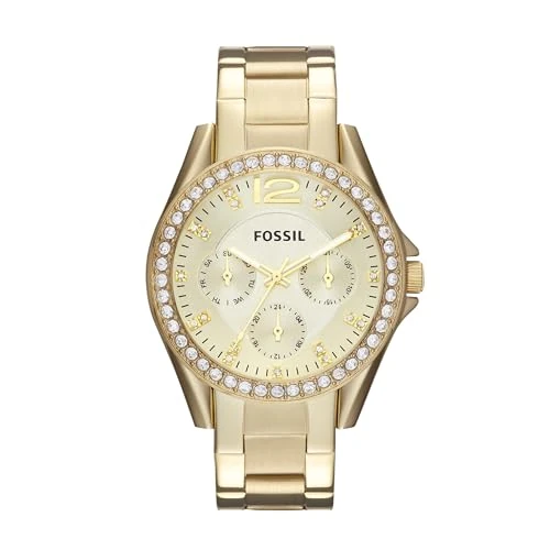 Offerta a tempo: Fossil Orologio Riley da donna, movimento cronografo al quarzo con cinturino in acciaio inossidabile o in pelle, 38 mm, Tono oro e glitter - 37% da 179.00 € a 111.99 €