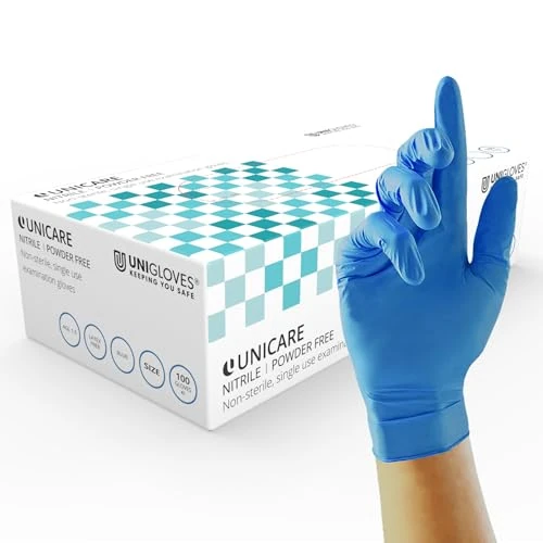 Unigloves Unicare Gants d'examen en nitrile - Polyvalents, sans poudre, gants jetables de qualité médicale - Boîte de 100 gants, bleu, taille S (GS0032)