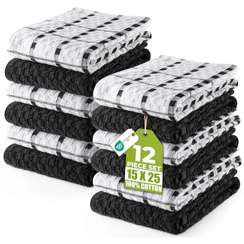 Utopia Towels - 12er Pack Geschirrtücher Küchentücher, 38 x 64 cm Baumwolle Geschirrtüch – Maschinenwaschbar (Schwarz und Weiß)