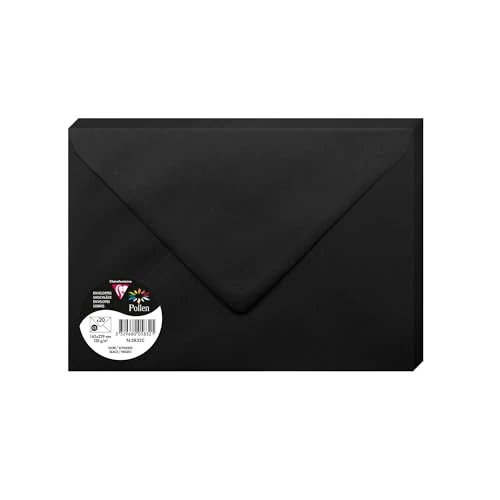 Clairefontaine 5832C – Zestaw 20 kopert z klejem do zwilżenia – Format C5 16,2x22,9cm – 120g/m² – kolor czarny – Zaproszenia, imprezy i korespondencja – Kolekcja Pollen – Gładki papier Premium