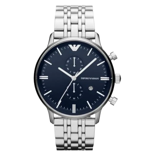 Offre limitée : Emporio Armani Montre pour hommes, Mouvement chronographe à quartz et 2 sous cadrans et 42mm Taille de boîtier avec bracelet en acier inoxydable Ton argenté et bleu foncé 43 mm de 257.27 € à 103.80 € (60% de remise)