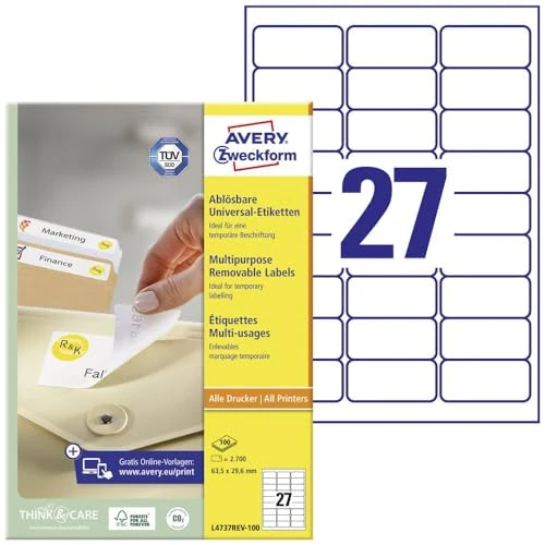 Offre limitée : Etiquette universelles Avery-Zweckform L4737REV-100 63.5 x 29.6 mm papier blanc 2700 pc(s) décollable de 29.16 € à 29.16 € (0.00% de remise)