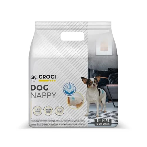 Offerta a tempo: Croci Dog Nappy - Mutanda Assorbente per cani femmine, taglia S - Ø 30-39 cm, Pannolino igienico ciclo e pipi cane, Antiodore, Usa e getta, Chiusura adesiva regolabile, 14 pz - 0.00% da 6.99 € a 6.99 €