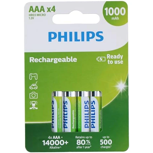 PHILIPS Batterie AAA - Batterie Ricaricabili HR03 - NiMH 1,2V - 500 Ricariche