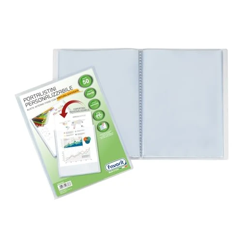 Offerta a tempo: Favorit Portalistino con Buste Fisse e Tasca Frontale Personalizzabile - Fogli 50 trasparenti - 22x30 cm A4 - 10% da 6.36 € a 5.72 €