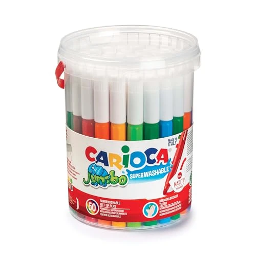 Carioca JUMBO BOTE con ASA, 42312 - Bote de Rotuladores Punta Maxi Super Lavables, 50 Unidades, Multicolor
