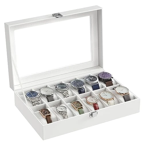 Begrenztes Angebot: SONGMICS Uhrenbox mit 12 Fächern, Uhrenkasten, Glasdeckel, Uhrenkoffer mit herausnehmbaren Uhrenkissen, Premium-Uhrenschatulle, PU-Bezug in Weiß, Samtfutter in Weiß JWB202 von 25.96 EUR auf 19.99 EUR (Rabatt 23%)