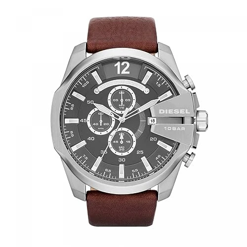Offre limitée : Diesel Montre pour Homme Mega Chief, mouvement chronographe, 59mm Argent / Acier Boîtier en acier inoxydable avec un bracelet en cuir, DZ4290 de 269.00 € à 238.00 € (12% de remise)