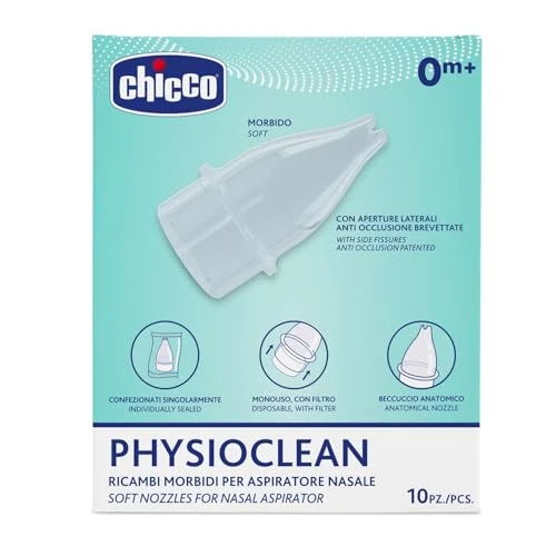 Chicco Ricambi Morbidi per Aspiratore Nasale Physioclean 0m+, 10 Beccucci Monouso Sigillati Singolarmente, Plastica Morbida e Flessibile per Nasino Delicato Bambino , Colore Bianco, 10 Pezzi