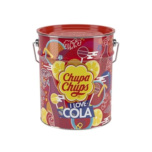 Chupa Chups Cola Lollipop-emmer, bevat 150 lolly's met cola en citroencolasmaak, popart, metalen doos, praktische bewaardoos, voor Kerstmis, 150 x 12 g