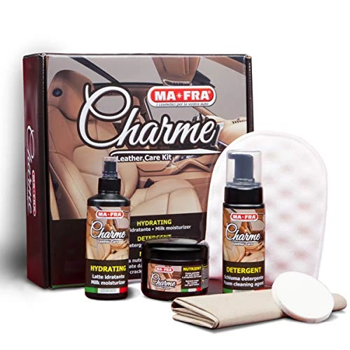 Ma-Fra, Charme, Car Seat and Dashboard Cleaning Kit, Cleanses, Nourishes and Elasticises Leather, Ideal for Home Use and Faux Leather Fabrics, Avoids Ageing and Cracking