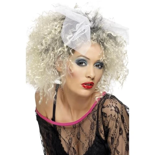 Offerta a tempo: Smiffys Parrucca da ragazza ribelle anni '80, bionda, corti, ricci con fiocco Halloween, Carnevale - 15% da 12.06 € a 10.25 €
