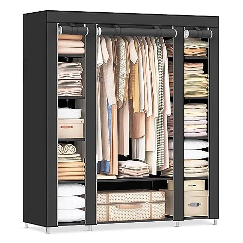SONGMICS Guardaroba in Tessuto, Armadio Portatile per Camera da Letto, Appendiabiti con Copertura in Tessuto, Portabiti, 45 x 150 x 175 cm, 12 Scomparti, Struttura in Metallo, Nero LSF03H