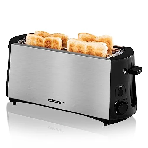Oferta limitada: Cloer 3719 Tostadora de ranura larga para 4 tostadas, 1380 vatios, calentador de panecillos incluido, dispositivo post-elevado, bandeja para las migas, aislada térmicamente, acero inoxidable de 63.78 € a 63.78 € (ahorro 0.00%)