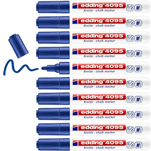 Offerta a tempo: edding 4095 marcatore a gesso - blu - 10 pennarelli a gesso - punta rotonda 2-3 mm - pennarelli per vetro cancellabili - per lavagne, vetro e specchi - gesso liquido a copertura opaca - 62% da 49.90 € a 18.99 €