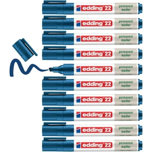 Zeitlich begrenztes Angebot: edding 22 Permanentmarker – blau – 10er-Pack – Keilspitze 1–5 mm | Wasserfeste, schnell trocknende, wischfeste Stifte – für Pappe, Kunststoff, Glas, Holz, Metall und Stoff – nachfüllbar von 12.50 € auf 12.50 € (0.00% Rabatt)
