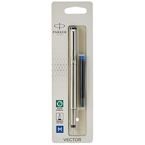 Limited-time offer: Parker Vector Fountain Pen | Stainless Steel with Chrome Trim | Medium Nib | Blue Ink | Hangtab from 12.00 GBP to 12.00 GBP (save 0%)