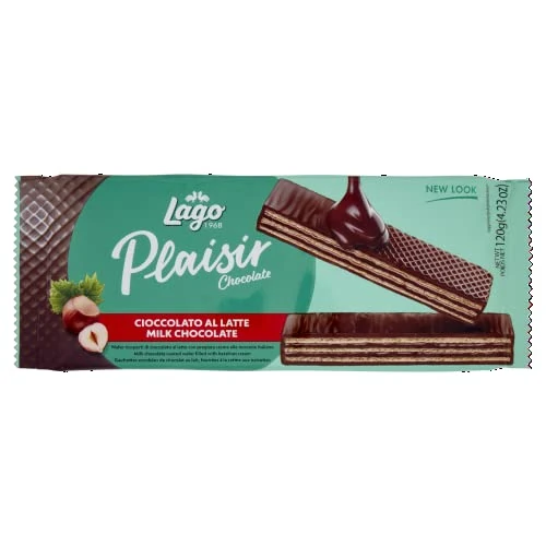 Offerta a tempo: Lago 1968, Plaisir 120g, Wafer Ricoperti con Cioccolato al Latte e Farciti con Crema alla Nocciola 57% - 15% da 2.11 € a 1.79 €