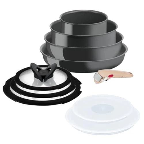 Lagostina Ingenio Vivissima, Set of 10 Non-Stick Ceramic Cookware with Removable Handle, 100% Recycled Aluminium with Thermo-Signal Technology for All Heat Sources Including Induction