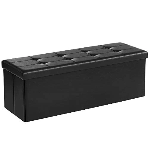 SONGMICS Puff Almacenaje, Baúl de Almacenaje Plegable, 38 x 110 x 38 cm, Taburete Reposapiés, Banco de Cubo, Soporta hasta 300 kg, para Sala de Estar, Dormitorio, Entrada, Negro LSF701