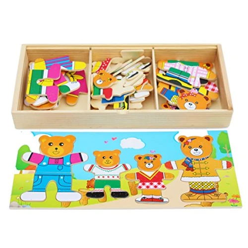 TOWO drewniany niedźwiedź rodzinny przebrany puzzle - sortowanie i pasująca puzzle - drewniane zabawki do sortowania dla 3 lat - drewniane puzzle dla dziewcząt w wieku 3 lat