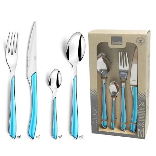 Limitiertes Angebot: Amefa ECLAT Besteck Set Türkis Essbesteck 24-teilig für 6 Personen Edelstahl rostfrei hochwertige Kunststoff-Griffschalen spülmaschinenfest Besteck Set 6 Personen Campingbesteck von 35.33 EUR auf 27.48 EUR (Spare 22%)