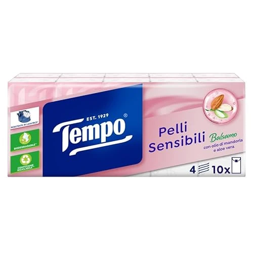 Offre limitee: Tempo – Mouchoirs 4 plis avec aloe vera pour peaux sensibles – 10 paquets de 9 mouchoirs de 7.16 EUR a 6.28 EUR (economie 12%)