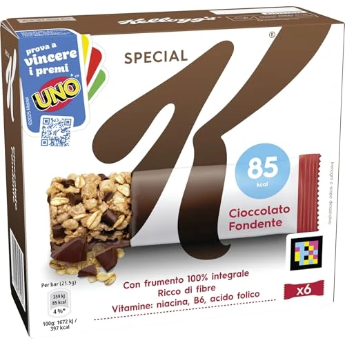 Offerta a tempo: Kellogg's Special K Barretta | Gusto Cioccolato Fondente | Croccanti Fiocchi Multicereali con Deliziosi Riccioli di Cioccolato | Frumento 100% Integrale | 6 barrette da 21.5g (Confezione da 129g) - 32% da 2.69 € a 1.83 €