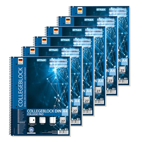 Offerta a tempo: Stylex 43888-P6 - Quaderno universitario con rilegatura a spirale, a righe, DIN A4, 80 fogli con grammatura 60 g/m², 6 pezzi - 25% da 12.99 € a 9.74 €