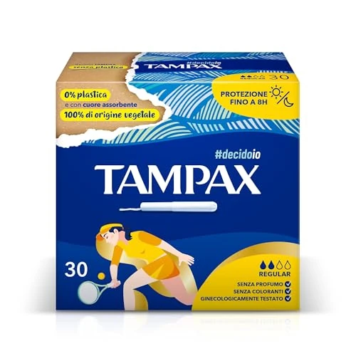 Tampax Regular, 30 assorbenti interni con applicatore in cartone. L'unico Tampax senza plastica e con cuore assorbente 100% di origine vegetale. Ideale per flussi da leggeri a medi.