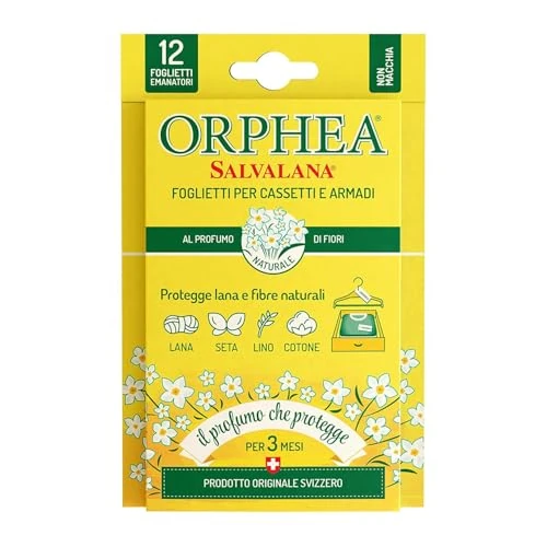 Orphea Salvalana Foglietti per Cassetti E Armadi, Protegge Lana E Vestiti Tutta La Stagione, Profumo di Fiori, 12 Foglietti Emanatori