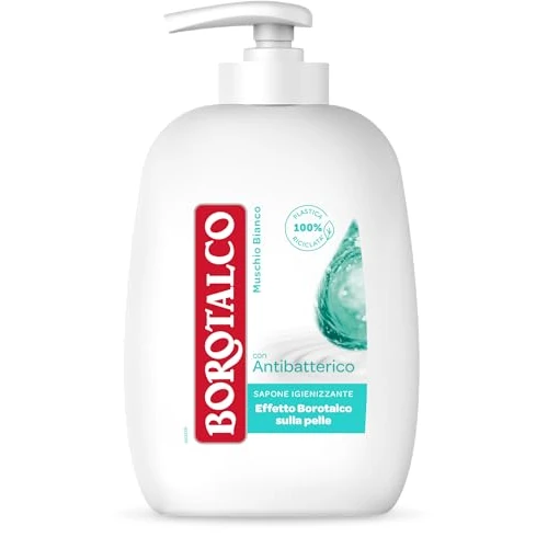 Borotalco, Hygiënische vloeibare zeep met antibacterieel poedereffect, zachte huid, glad en fluweelachtig, geur van witte muskus, komt overeen met de natuurlijke pH-waarde, 100% gerecyclede kunststof