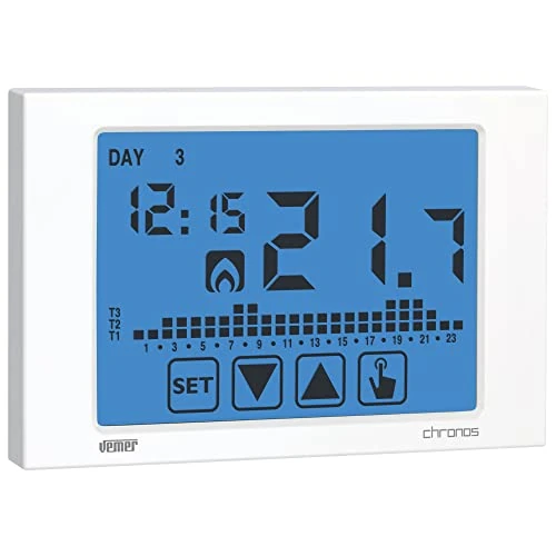 Offerta a tempo: VEMER VE451100 CHRONOS - Cronotermostato Digitale Programmabile a Batterie, Termostato per Caldaia con Display Touch Screen, Bianco - 8% da 94.90 € a 87.50 €