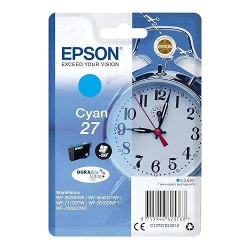 Offerta a tempo: Epson 27 Serie Sveglia, Cartuccia Originale Getto d'Inchiostro DURABrite Ultra, Formato Standard, Ciano - 15% da 14.92 € a 12.69 €