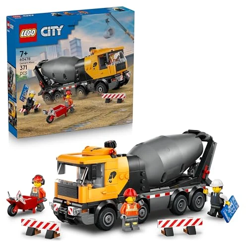 LEGO City Cement Mixer Truck Toy - Educational Construction Site Vehicle Model w/ 3 Minifigures, Rotating Drum & Pouring Function - Birthday Gift Idea for 7+ Year Old Boys - 60478