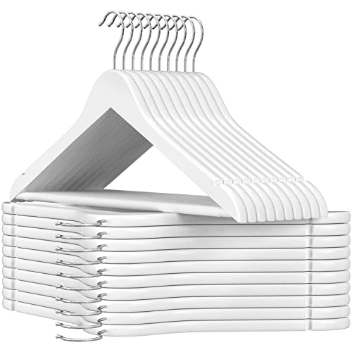 Begrenztes Angebot: SONGMICS Kleiderbügel Holz, 20er Set, Bügel aus Massivholz, Einkerbungen im Schulterbereich, rutschfester Hosensteg, um 360° drehbarer Haken, für Anzüge, Hemden, weiß-silbern CRW03W-20 von 31.07 EUR auf 17.09 EUR (Rabatt 45%)