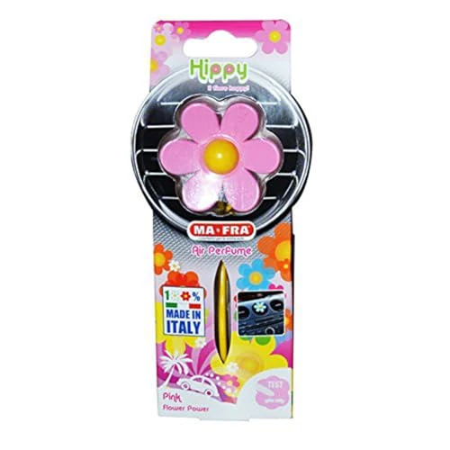 Ma-Fra, Hippy Flower Power, Luchtverfrissers voor in de auto, Bloemvormig ontwerp in Kruidig Rozengeurrubber, Dompel jezelf onder in een Bloemrijke Weide, Blijft 6 Weken, 1 Eenheid