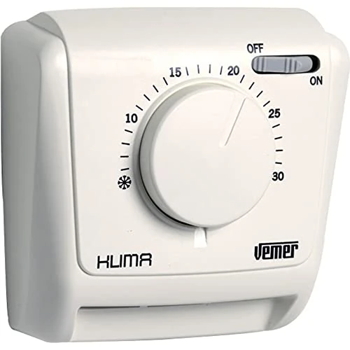 VEMER VE022000 Klima IN - Mechanischer Raumthermostat, Heizungsthermostat, Thermostat mit Betrieb Heizung und Klimaanlage, EIN/AUS-Schalter, Weiß
