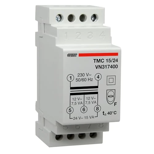 Offre limitée : VEMER VN317400 TMC 15/24 - Transformateur 24V pour Service Continu, Tension Primaire 230V, Tension Secondaire 12-24V, Puissance 15VA, Installation sur Rail Din, Blanc de 32.90 € à 32.90 € (0.00% de remise)