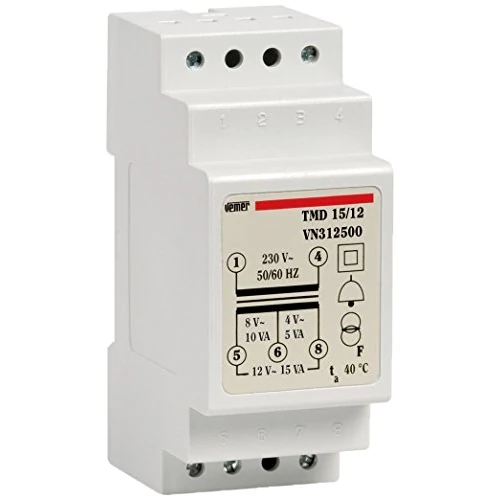 VEMER VN312500 TMD 15/12 - Trasformatore 12V per Campanelli, Installazione su Barra Din, Tensione Primario 230V, Tensione Secondario 4-8-12V, Potenza 15VA, Bianco