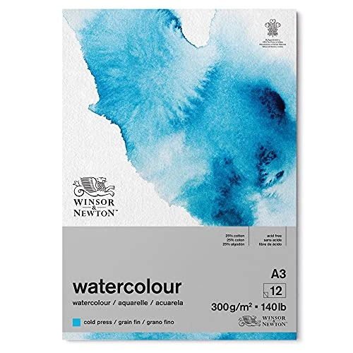 Offerta a tempo: Winsor & Newton Carta per acquarello, Grana Fine, 300gr, Miscela Di Fibre di Cotone 25% e Cellulosa, Bianco Naturale,, Priva di Acidi, DIN A3, Blocco incollato 1 Lato, 12 Fogli - 8% da 19.50 € a 17.97 €