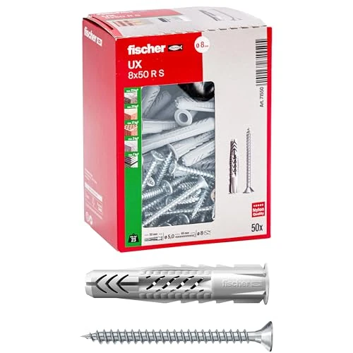 Tijdelijke aanbieding: Fischer 50 pluggen UX met schroef, 8 x 50 mm, voor muren, geperforeerde steen, gipsplaat, 71550 van 25.35 € naar 25.35 € (0.00% korting)