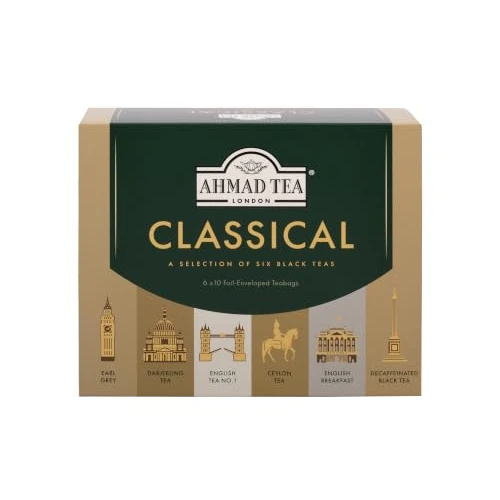 Zeitlich begrenztes Angebot: Ahmad Tea - Classical Selection - Schwarztee Sortiment - Ceylon, English Breakfast, Darjeeling, Earl Grey, English Tea No 1, Evening ohne Koffein - Einzeln verpackt und aromaversiegelt - 60 Teebeutel von 9.69 € auf 9.15 € (6% 