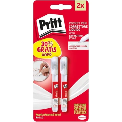 Offerta a tempo: Pritt Pocket Pen, Bianchetto a Penna ad Asciugatura Rapida, Bianchetto Liquido con Punta Fine in Metallo, Cancellino ad Alto Potere Coprente per Scuola e Ufficio, 2 Confezioni da 8 ml - 54% da 3.99 € a 1.85 €