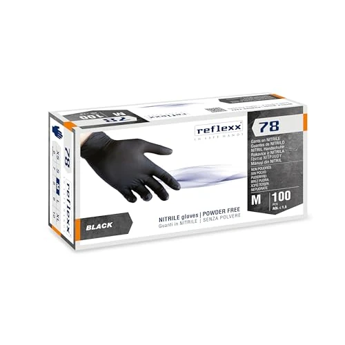 Reflexx R78/M Powder Free Nitrile Gloves, Medium, Black, Pack of 100