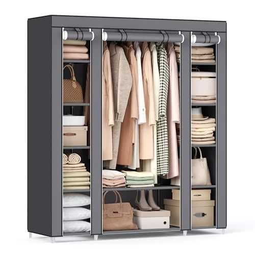 SONGMICS Armario de Tela 12 con Barra y estantes, Armario Estable para Dormitorio, vestidor, 150 x 45 x 175 cm, Gris LSF03G