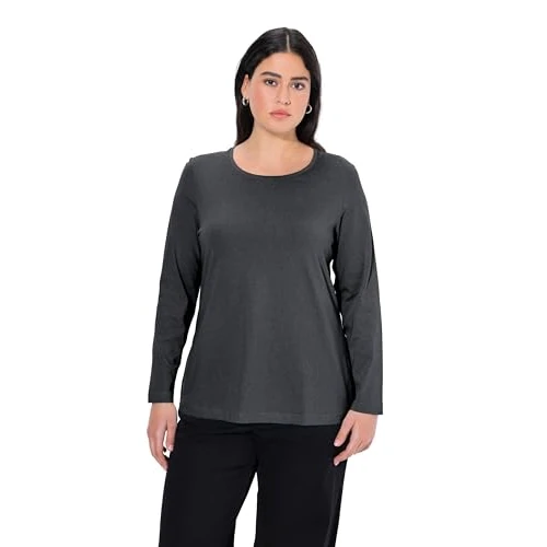 Ulla Popken basic shirt voor dames, ronde hals, slim, katoen met lange mouwen